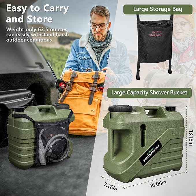 Portable Shower for Camping with Integrated Design – Spill-Resistant, Electric Camping Shower, 5-Gallon Food-Grade Water Jug for Outdoor, Beach, Hiking, Dog Wash, 2 Batteries