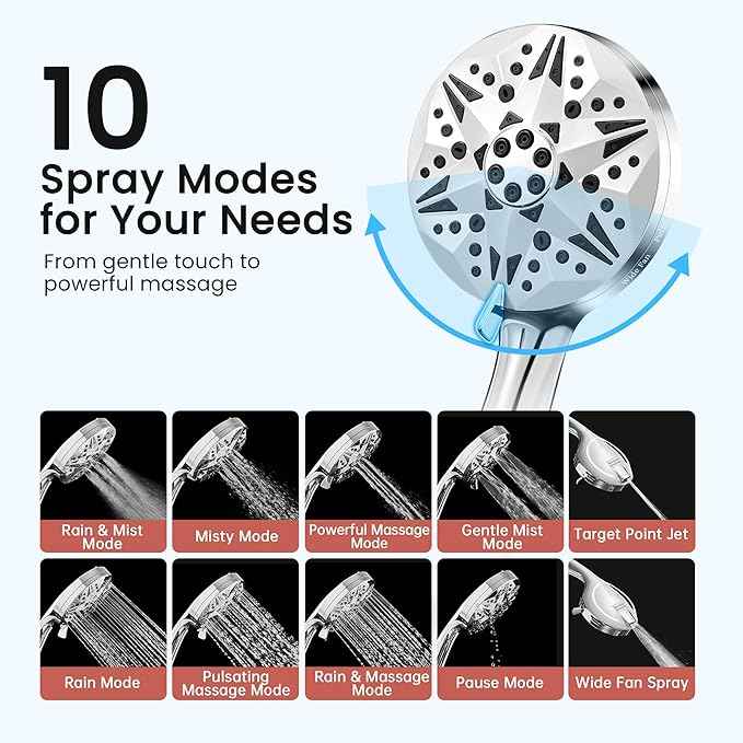 Clarston Filtered Shower Head with Handheld, 10 Modes High Pressure Detachable Showerhead with Filters, Showerheads Filter for Hard Water, Anti-Clog Silicone Nozzles, Removes Chlorine & Heavy Metals