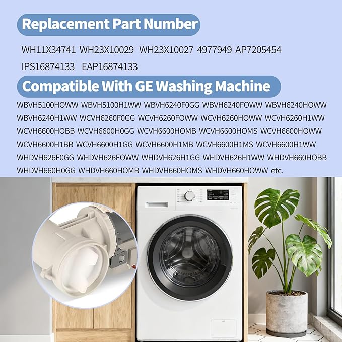 WH11X34741 Washer Drain Pump Filter Replacement Compatible with GE Washing Machine Replace WH23X10029 WH23X10027 AP7205454 4977949 PS16874133 EAP16874133 - AquaVibe