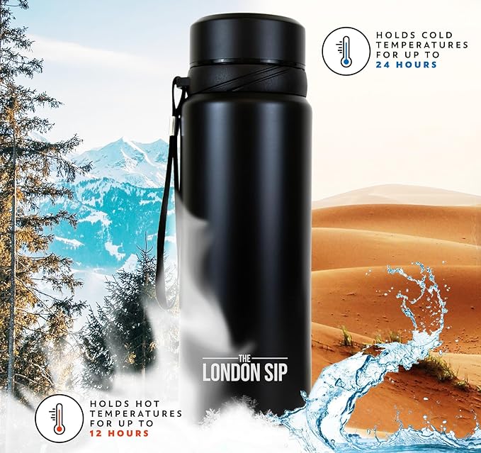 The London Sip 25 oz Multi-Function Travel Mug and Tumbler Tea Infuser Water Bottle Fruit Infused Flask Hot and Cold Double Wall Stainless Steel Coffee Thermos, Zen Black, Pack of 2