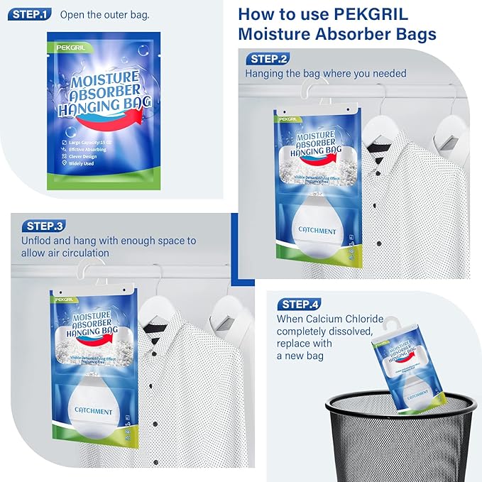 PEKGRIL Moisture Absorber Packets 14-Packs, 15 oz Hanging Dehumidifier Bags, Fragrance Free Humidity Packs for Closet, Bathroom, Kitchen, 420g/Pack