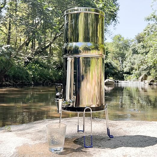 Gravity-fed Water Filter System, 2.25 Gallon Stainless Steel Countertop System with 2 Ceramics Filters Washable Filters, Metal Water Level Spigot and Stand,Reduce up to 99% Chlorine