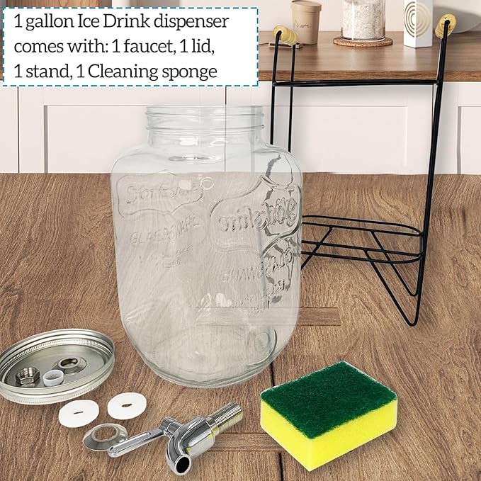 Tfwadmx 1 Gallon Drink Dispenser Glass Beverage Dispenser With Stand Leak Proof Stainless Steel Faucet Wide Mouth Mason Jar Style Drink Container Jug for Parties, Weddings, Lemonade, Cold Water