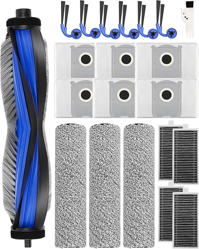 21 PCS Replacement Parts Compatible with Ecovacs Deebot X9 Pro Omni Robot Vacuum Cleaner, Accessories Kit: 1 Main Brush,6 Side Brushes,4 HEPA Filters, 6 Dust Bags, 3 Roller Mops, 1 Cleaning Brush - AquaVibe