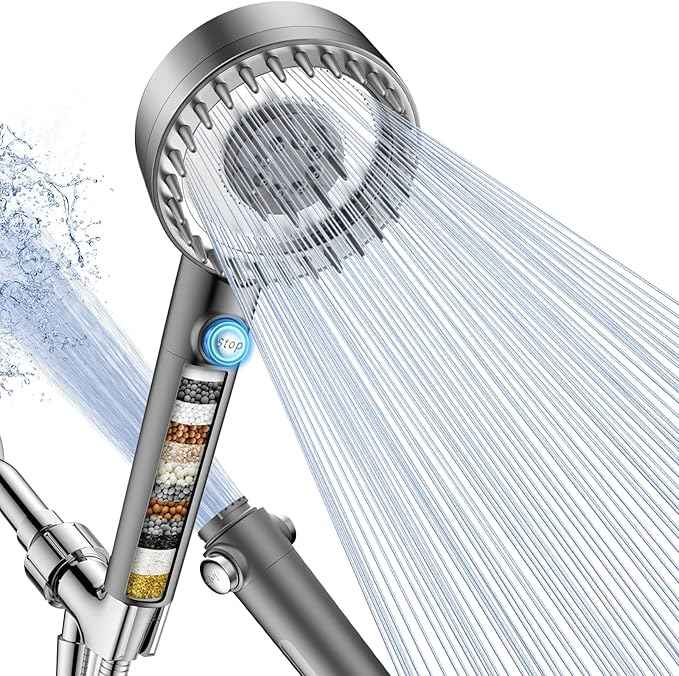 Ion Drops Filtered Shower Head with Handheld, High Pressure 4 Spray Mode Showerhead with Filters for Hard Water Softener, Handheld Shower Heads Filter with ON/OFF Switch for Pets, Remove Chlorine Gray
