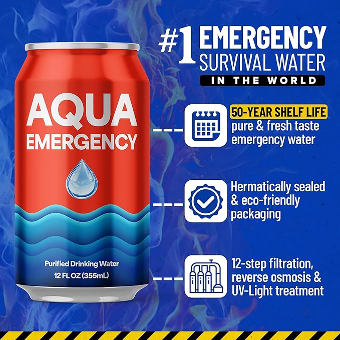 Aqua Emergency Water for Drinking, 50-Year Shelf-Life Emergency Preparedness Survival Water Supply 12oz (24 Pack)