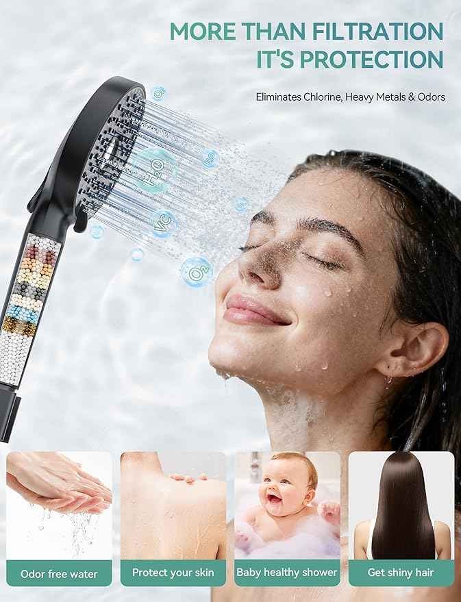 Filtered Shower Head with Handheld, High Pressure 10-Spd Detachable Chrome Showerhead with Stainless Hose, Water Softener Filter Beads for Hard Water - Remove Chlorine, Black