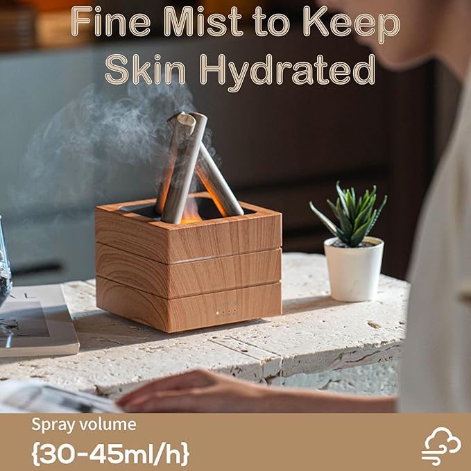 Flames Humidifier Essential Oil Diffuser, Bonfire Essential Oil Scent Diffuser Humidifier, Small USB Desktop Humidifiers with 7 Colors, Campfire Aromatherapy Diffusers for Home & Office (Wooden)