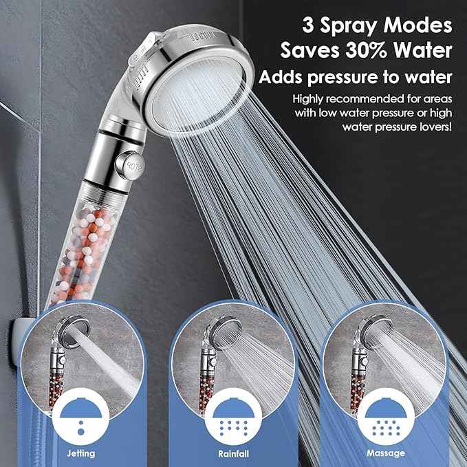 High Pressure Handheld Shower Head with Filter, Hard Water Softener Water Purifying Filtered Showerheads with Filter Beads, Shower Head Kits (No Hose and Bracket)