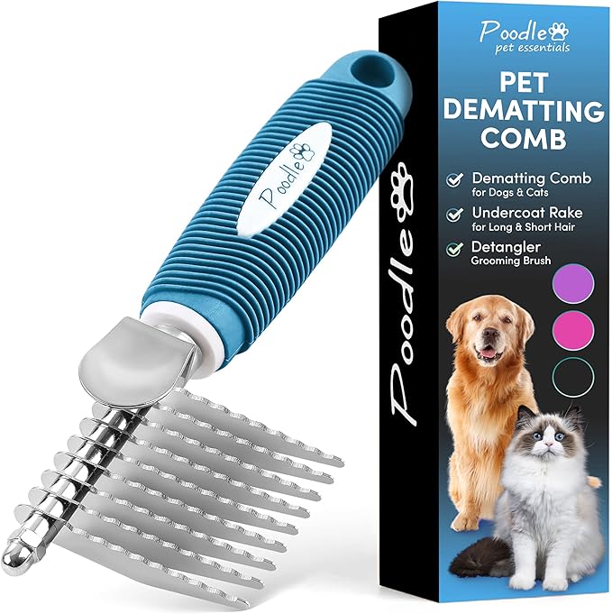 Poodle Dematting Fur Rake Comb Brush for Dogs and Cats - Long 2.5" Steel Safety Blades Metal Comb for Detangling Matted or Knotted Undercoat Hair - AquaVibe