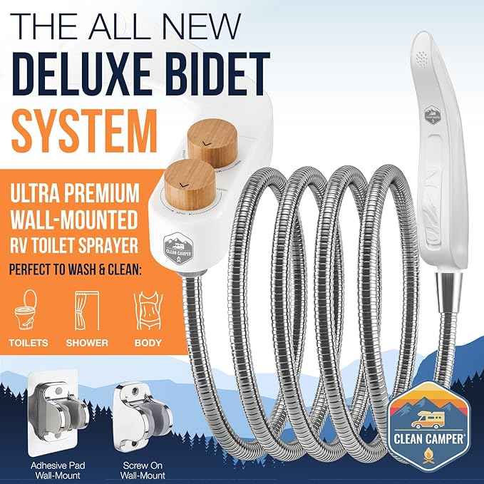 RV Bidet Deluxe Kit – Dual Nozzle Bidet + 4-Ft Handheld Spray Wand for & Full RV Bathroom Cleaning – Adjustable Water Pressure, Compact Reversible RV Fit, Brass Fittings, 4-Way T-Adapter