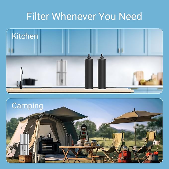 AQUA CREST Gravity Water Filter System, 304 Stainless Steel Countertop System with 6 Filters and Anti-Slip Stand, Reduce Fluoride and Chlorine, 2.25G, for Home, Camping, RVing, Off-Grid, Emergencies