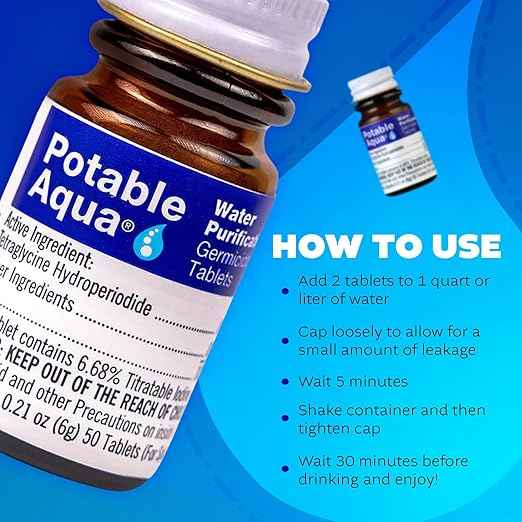 Potable Aqua Water Purification Treatment - Portable Drinking Water Treatment for Camping, Emergency Preparedness, Hurricanes, Storms, Survival, and Travel (50 Tablets), Black, single pack