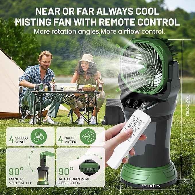 Portable Misting Fan with Remote & 30000mAh Rechargeable Misting Fans for Outside Patios Camping Beach & Workshops Mist Fan Portable for Outdoor/Indoor 2L Built-in Water Tank RGB 4 Speeds & Spray
