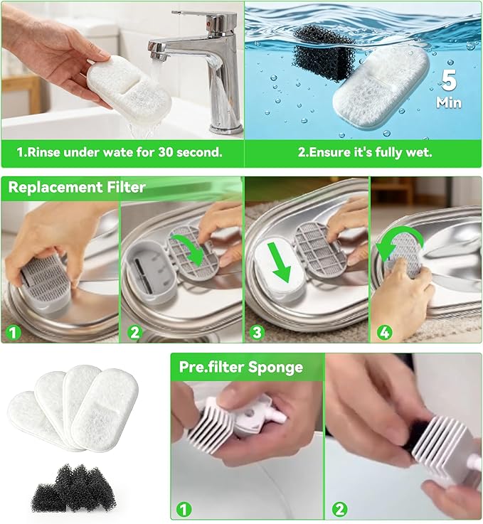 Cat Water Fountain Filter Replacement: 4 Carbon Filters & 4 Foam Sponges Kitty Spout Pump Filters for 108Oz/3.2L & 67Oz/2L Stainless Steel Pet Water Dispenser Cat/Dog