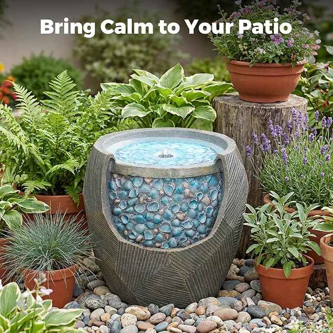 Kingsyard 13" Outdoor Water Fountain, Electric Resin Garden Waterfall with LED Lights, Quiet Outside Feature for Patio Porch Yard with Blue Seashell Decor