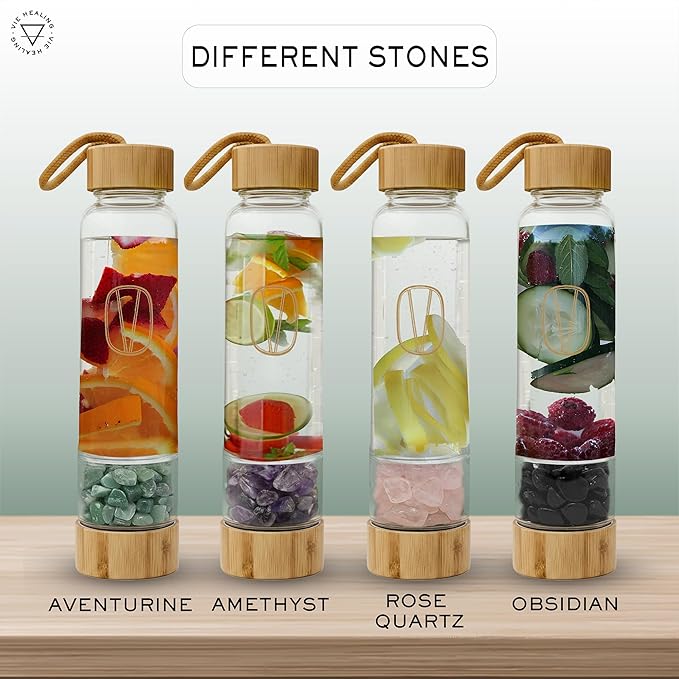 Vie Healing Gem Infused Aventurine Crystal Water Bottle, 16oz | Crystal Glass Bottle for Mindful Hydration, Daily Balance & Style | Eco Friendly Reusable Water Bottle for Home, Office, Gym & Travel