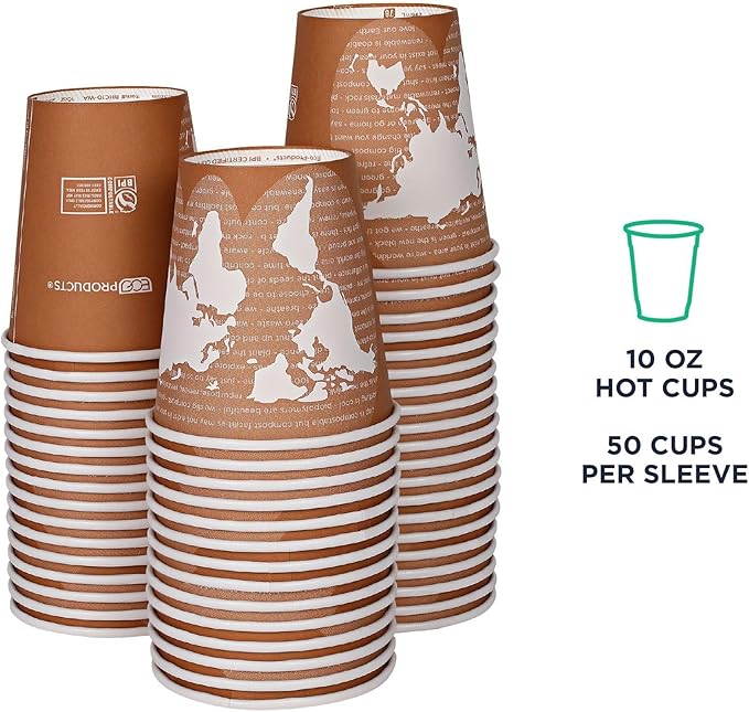 ECO PRODUCTS Compostable Disposable World Art 10oz Coffee Cups, Pack of 50, Renewable Hot Paper Cup, Plant Based PLA Lining, Color Coded