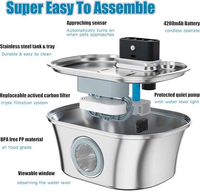 Wireless Cat Water Fountain Stainless Steel, 3.2L Pet Fountain Battery Operated,Cordless Cat Fountain for Cats&Dog with Motion Sensor, Quiet Indoor Cat Fountain for Drinking, Multi-Filtration