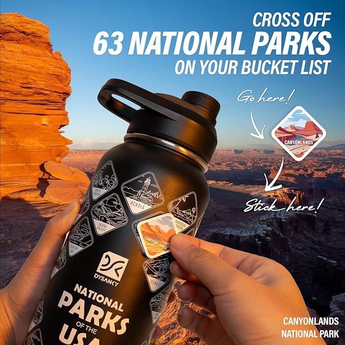 National Parks Water Bottle – 40 oz Insulated Stainless Steel Bottle with 63 Hand-Drawn Park Stickers, Carrier Bag, Strap & Gift Box – BPA-Free – Ideal for Hiking, Camping & Travel