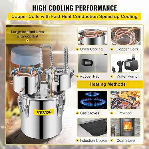 VEVOR Alcohol Still, 3 Gallon, Stainless Steel Alcohol Distiller with Copper Tube & Build-in Thermometer & Water Pump, Double Thumper Keg Home Brewing Kit, for DIY Whiskey Wine Brandy