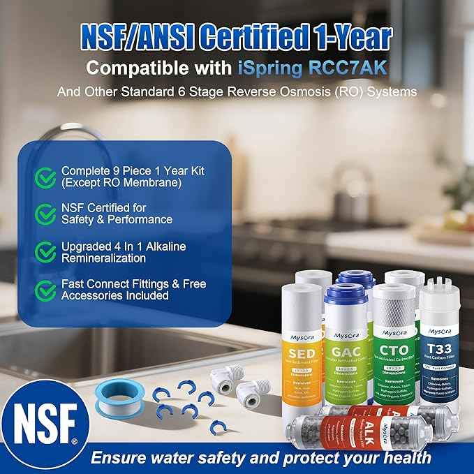 F9K NSF Certified 1-Year Reverse Osmosis Water Filter Replacement Set Compatible with iSpring RCC7AK, 9-Count for 6-Stage RO System with Alkaline Remineralization Filter, Without RO Membrane