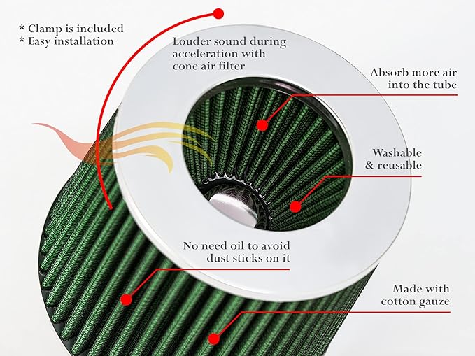 GREEN 6" 152 mm Inlet Truck Cold Air Cone Replacement Performance Washable Clamp-On Dry Air Filter (8" Tall)