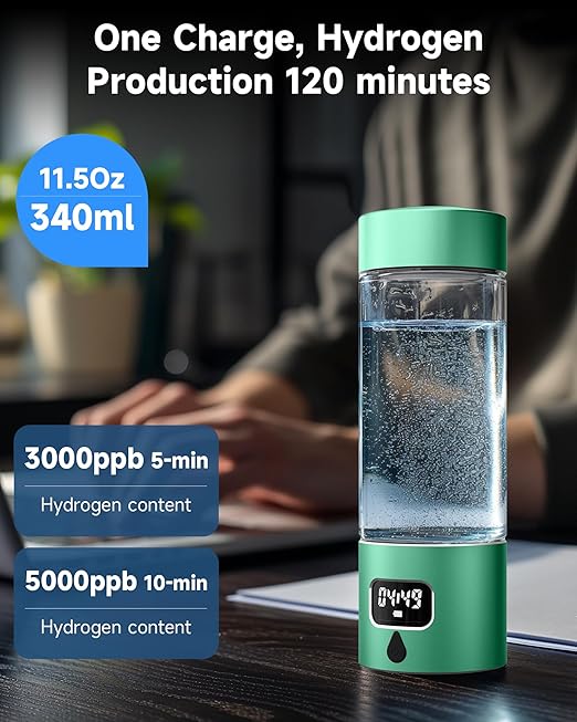 Hydrogen Water Bottle - Portable Rechargeable Water Bottle with LED Timer, Aluminum and Glass, 5000 PPB Hydrogen Production, Gift for Husband Wife Father Friend Client (Green, 11.6Oz)