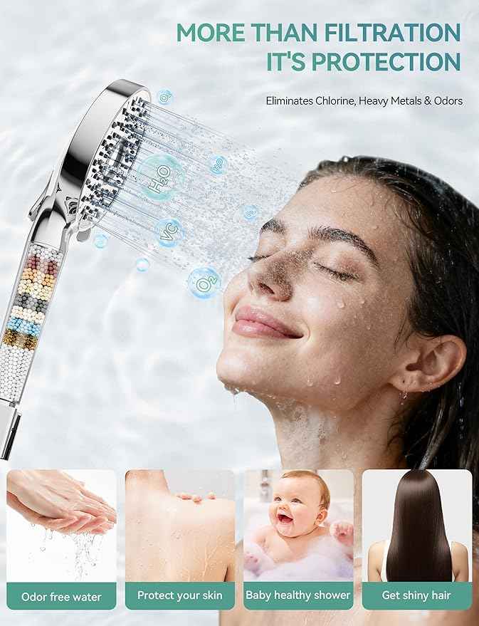 Filtered Shower Head with Handheld, High Pressure 10-Spd Detachable Chrome Showerhead with Stainless Hose, Water Softener Filter Beads for Hard Water - Remove Chlorine, Reduce Dry Itchy Skin
