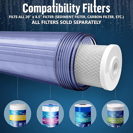 High Capacity 20 x 4.5” Whole House Filter Purifier System for Well or City Water, Presser Relief Button, 1” NPT Brass Port, Double O-Ring, Meets NSF Standards & Regulations (Transparent, 3 Sets)