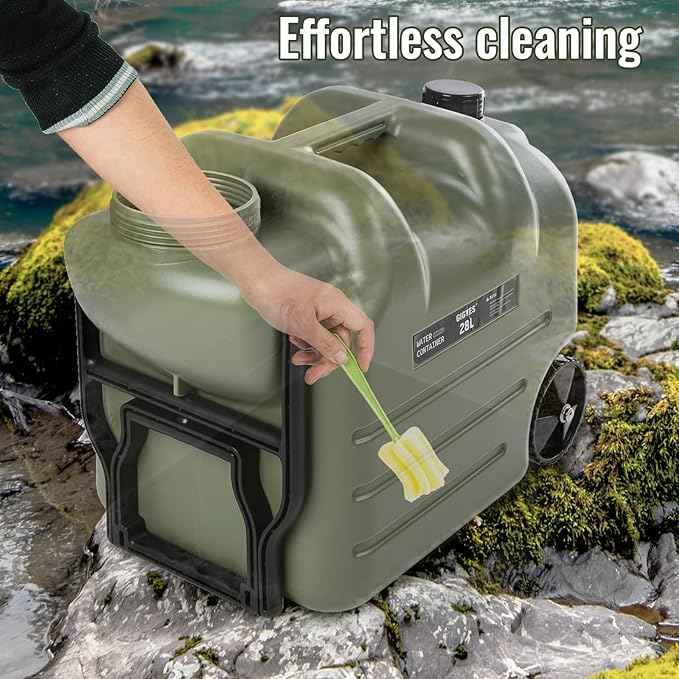7.4 Gallon Water Jug with Wheels & Folding Handle, Rolling Wheel Water Storage Tank for Hiking Camping, Portable