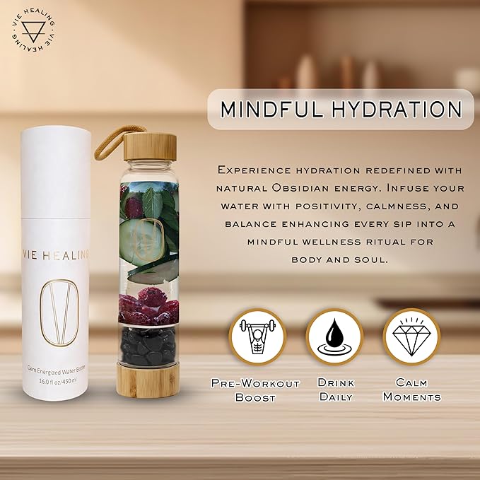 Vie Healing Gem Infused Obsidian Crystal Water Bottle, 16oz | Crystal Glass Bottle for Mindful Hydration, Daily Balance & Style | Eco Friendly Reusable Water Bottle for Home, Office, Gym & Travel