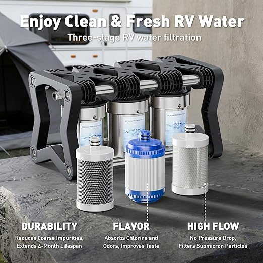 3 Stage RV Water Filter System, 0.2 Micron Camper High-Flow Water Filter System with Compact 5-Inch Filter Cartridge, 3-Stage Advanced RV Water Filtration System for RVs, Campers and Boats