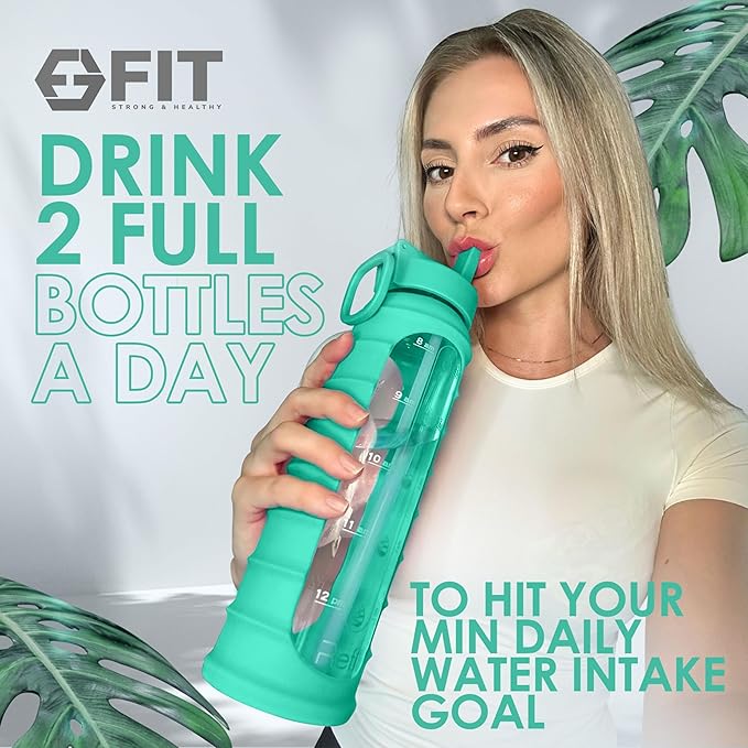 FIT Strong & Healthy 32 oz Glass Water Bottle with Straw Lid, Time Marker, Sleeve & Extra Lid - Motivational, Wide Mouth 1 Liter Glass Drinking Bottle