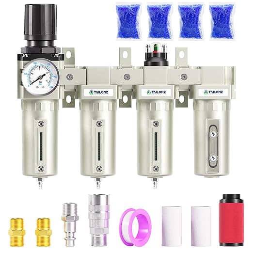 TAILONZ PNEUMATIC 0-240PSI 1/2 Inch NPT Industrial Grade 4 Stage Air Drying System, Double Particulate Filter, Coalescing Filter, Desiccant Dryer and Air Regulator (Manual Drainage) - AquaVibe