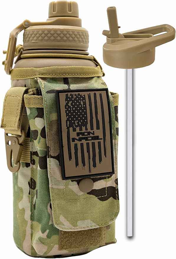 Iron Infidel Battle Bottle - 32 Oz Insulated Water Bottle with Straw Lid & Chug Cap, Stainless Steel Metal Tactical Flask With Rugged, Removable Sleeve for Keys & Phone or Wallet (OCP Camo 1 Liter)