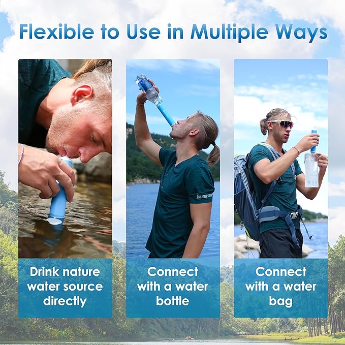 Waterdrop Water Filter Straw 4 Pack with Gravity Water Bag, Gravity Water Filtration System, Water Purifier Survival for Travel, Backpacking, 1.5 gal Bag, 0.1 Micron, 5 Stage Filtration