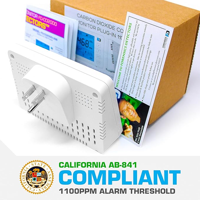 Carbon Dioxide Monitor Wall Plug-in AC by Forensics | AB841 Compliant Alarms for Classrooms | AC Power Direct to Wall | 10 Year Life | CO2 Meter | Gyms, Offices, Classrooms, Home, Retail |