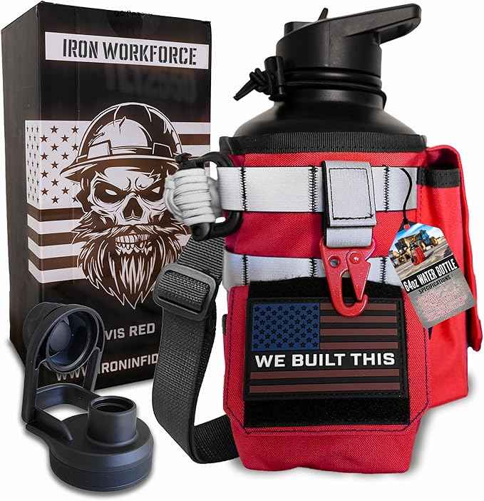 Iron Infidel Workforce Water Bottle - 64 oz Insulated Stainless Steel | Half Gallon Vacuum Water Jug | Paracord Handle, Removable Sleeve | Large Thermal Flask | Hiking, Camping, Workouts (Red)