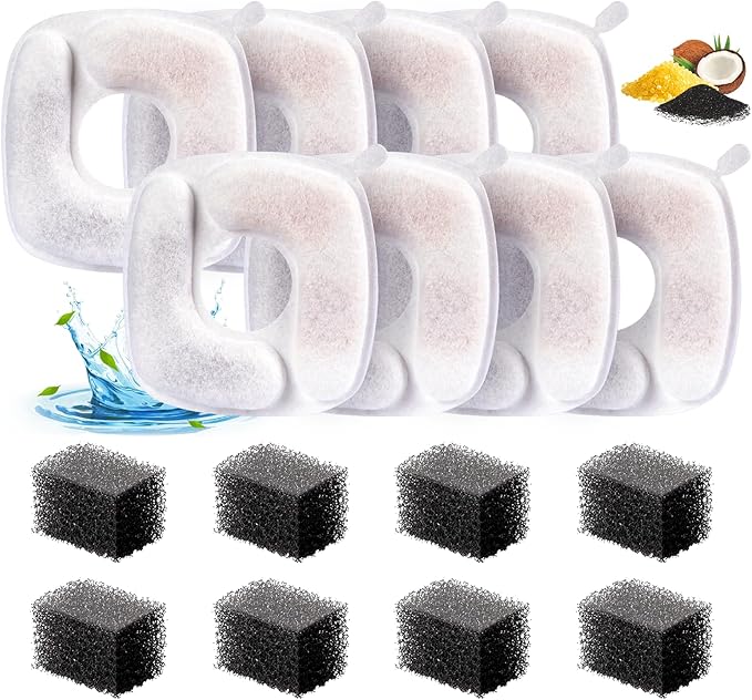 Lemonfilter Cat Water Fountain Filters, 8 Pack Replacement Filters & 8 Pre-Filter Sponges Compatible with 67oz, 95oz (2.8L), 135oz Automatic Pet Fountain Dog Cat Water Dispenser