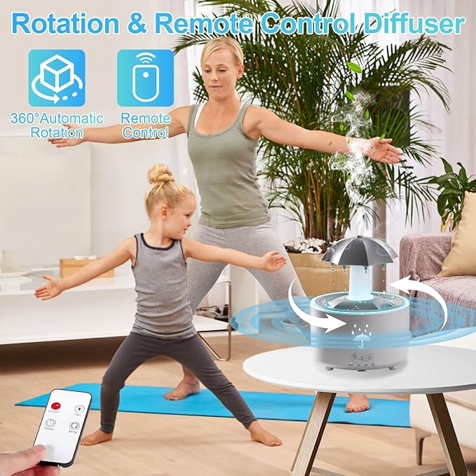 Raindrop Humidifier for Bedroom and Office, Essential Oil Diffuser with 7-Color LED Lights, 4-Timer Air Humidifier, Ideal 300ML Mini Air Vaporizer for Nursery & Families (White Rotatable Umbrella)