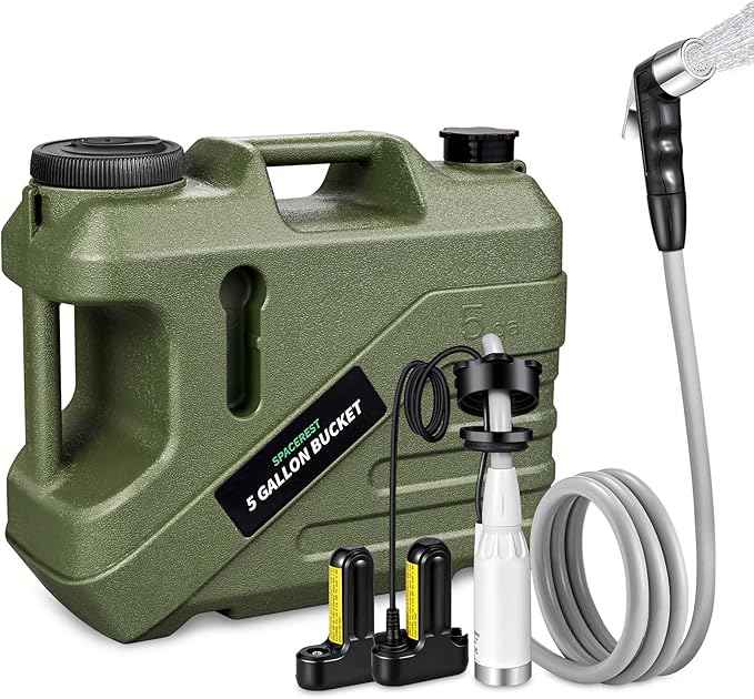 Portable Shower for Camping with Integrated Design – Spill-Resistant, Electric Camping Shower, 5-Gallon Food-Grade Water Jug for Outdoor, Beach, Hiking, Dog Wash, 2 Batteries