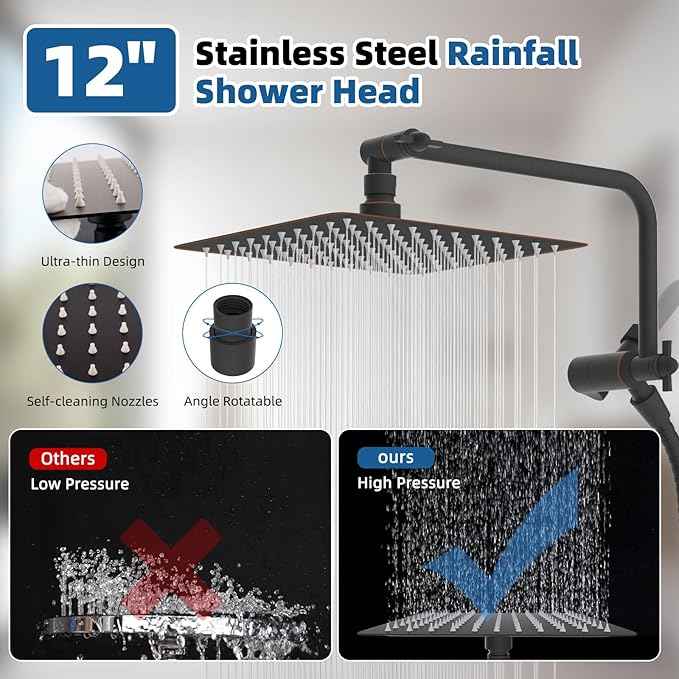 12" All Metal Shower Head, High Pressure 10-Spray Handheld Showerhead Rainfall Shower Head Combo with 11" Adjustable Shower Extension Arm, 71" Hose, Shower Head Holder, Oil Rubbed Bronze