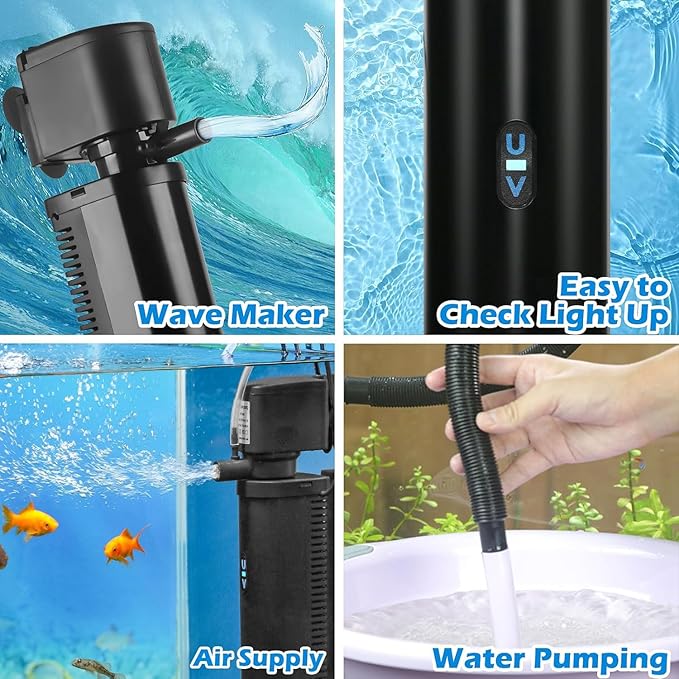 Aquarium U-V Filter 290GPH w/ Scientific Timer for 40-150 Gallon Fish Turtle Tank Internal Filter Bio Sponge Submersible Power Pump w/ Aeration Deodorization Saltwater Freshwater Green Clean Machine
