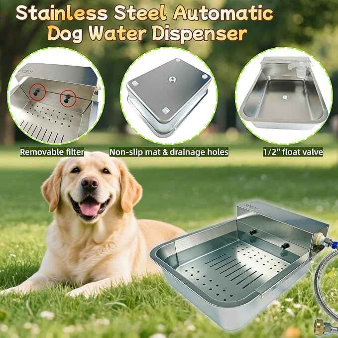 Automatic Dog Water Dispenser 3-Gallon Stainless Steel Outdoor Drinking Bowl for Large Dogs, Self-Filling Water Bowl with Filter Mesh to Filter Leaves and Other Debris(11L-B)