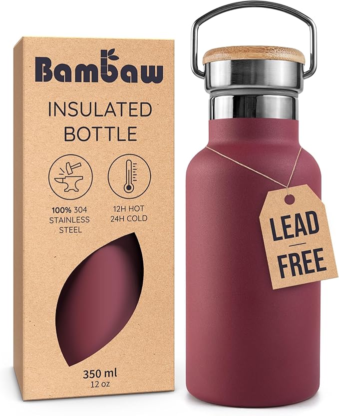 Bambaw Small Stainless Steel Water Bottle 12 oz with Handle, Wide Mouth Insulated Water Bottle Double Wall, Made of High-Grade Stainless Steel, Small Size, Fits in Cup Holder, Reusable (Red Berry)
