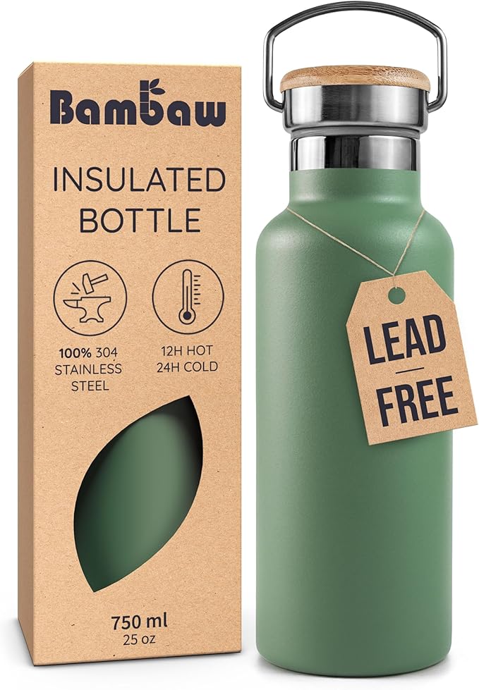Bambaw 24 oz Insulated Water Bottle, Double Wall Metal Water Bottle Stainless Steel, Refillable & Reusable, Easy to Clean, Durable & Lightweight, For Hot & Cold Drinks (Sage Green)
