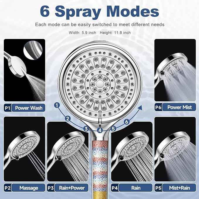 6 Inch Filtered Shower Head, 6 Spray Modes High Pressure Handheld Shower Head with Filter for Hard Water, Detachable Water Softener Showerhead with Hose, Chrome