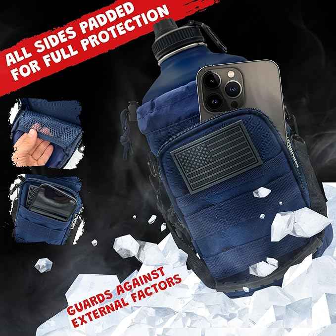 1 Gallon Water Bottle - 128 Oz Insulated Stainless Steel Metal Water Bottle with Holder - Carrying Bag - Spout Handle - Straw Lids - Keep Cold & Hot - Blue Tactical Flask