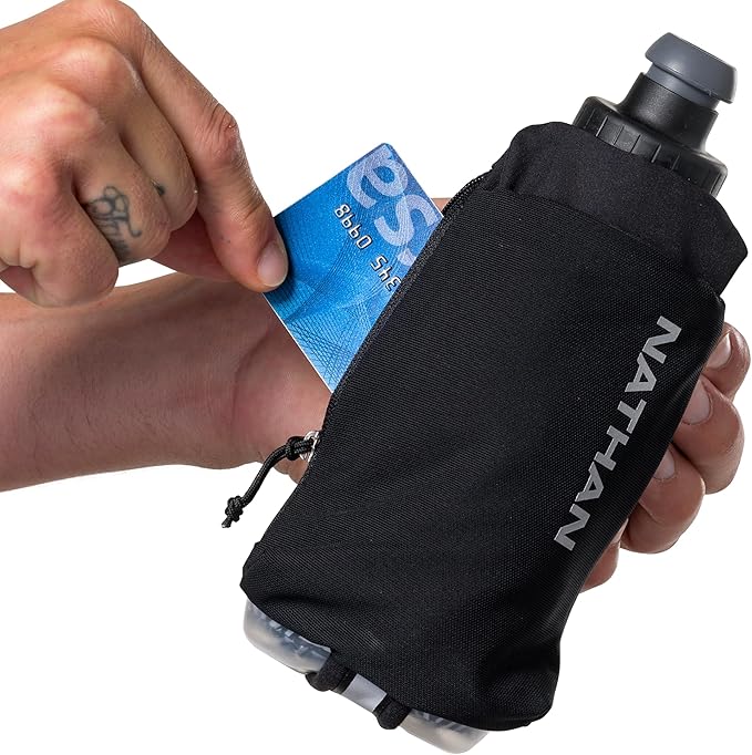 Nathan SpeedDraw 2 Insulated Handheld Running Water Bottle Flask 18oz – Double-Wall Insulation, Ergonomic Grip, Blast Valve Cap, Phone & Key Storage Pockets, Reflective Design